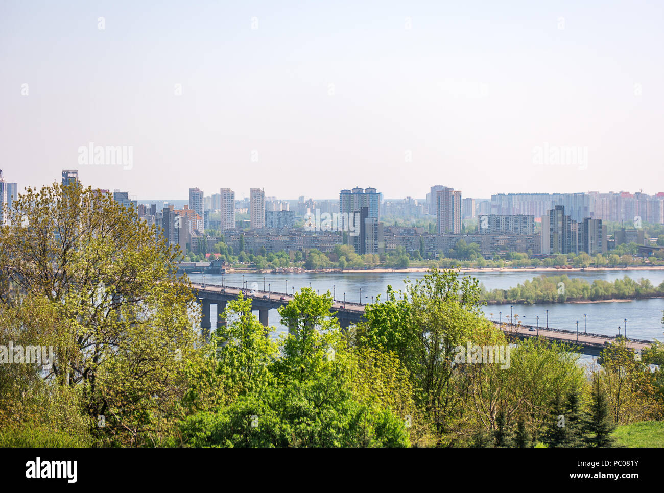 Beautiful spring landscape Paton bridge across the Dnieper, Kiev, Ukraine Stock Photo