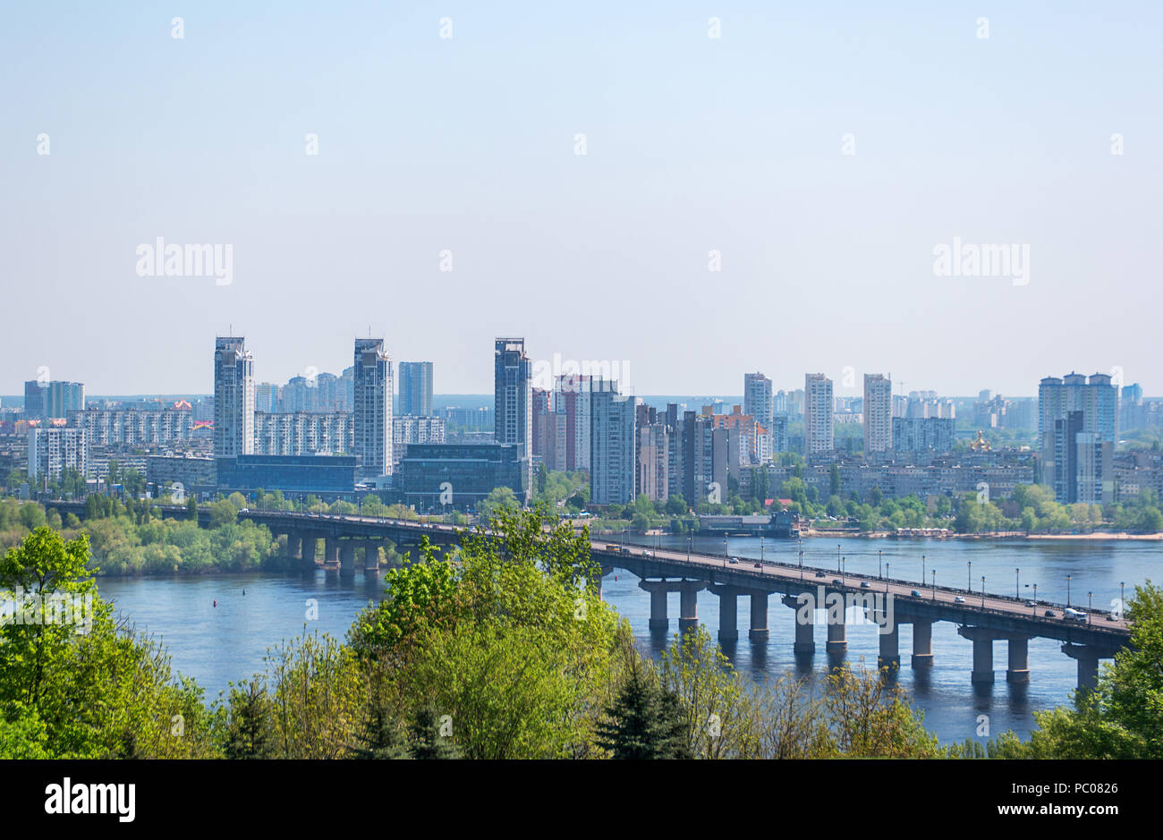 Beautiful spring landscape Paton bridge across the Dnieper, Kiev, Ukraine Stock Photo