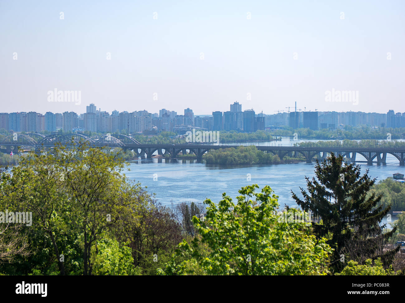 Beautiful spring landscape Paton bridge across the Dnieper, Kiev, Ukraine Stock Photo