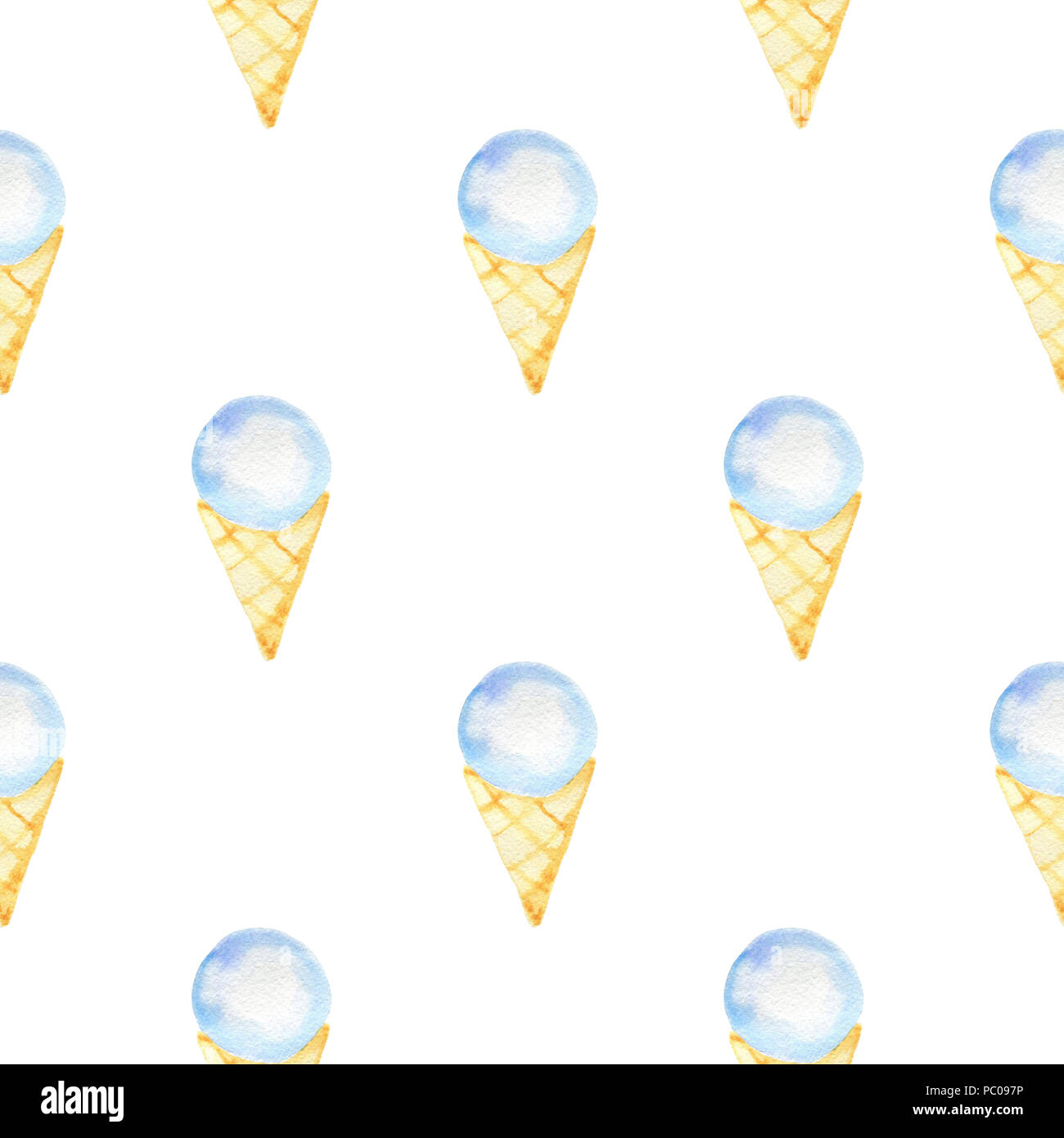 Watercolor seamless pattern with blue ice cream in a waffle cone on a ...