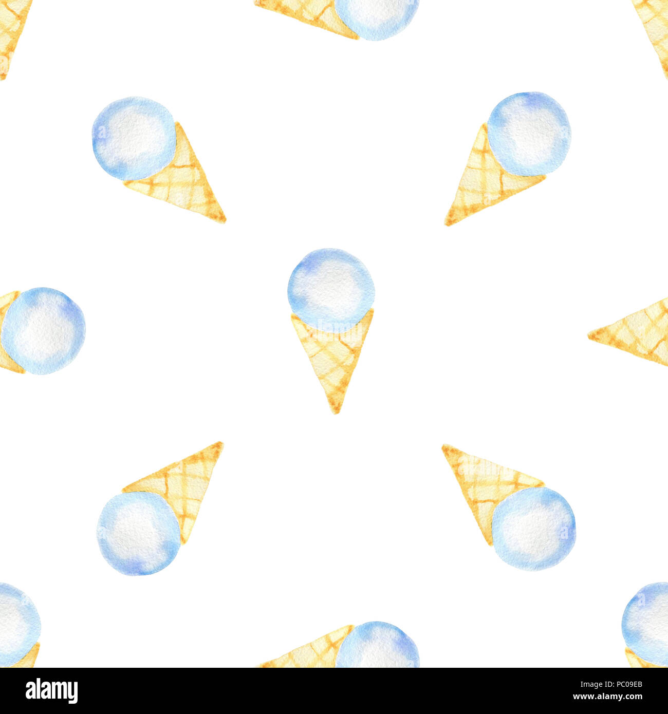 Watercolor seamless pattern with blue ice cream in a waffle cone on a ...