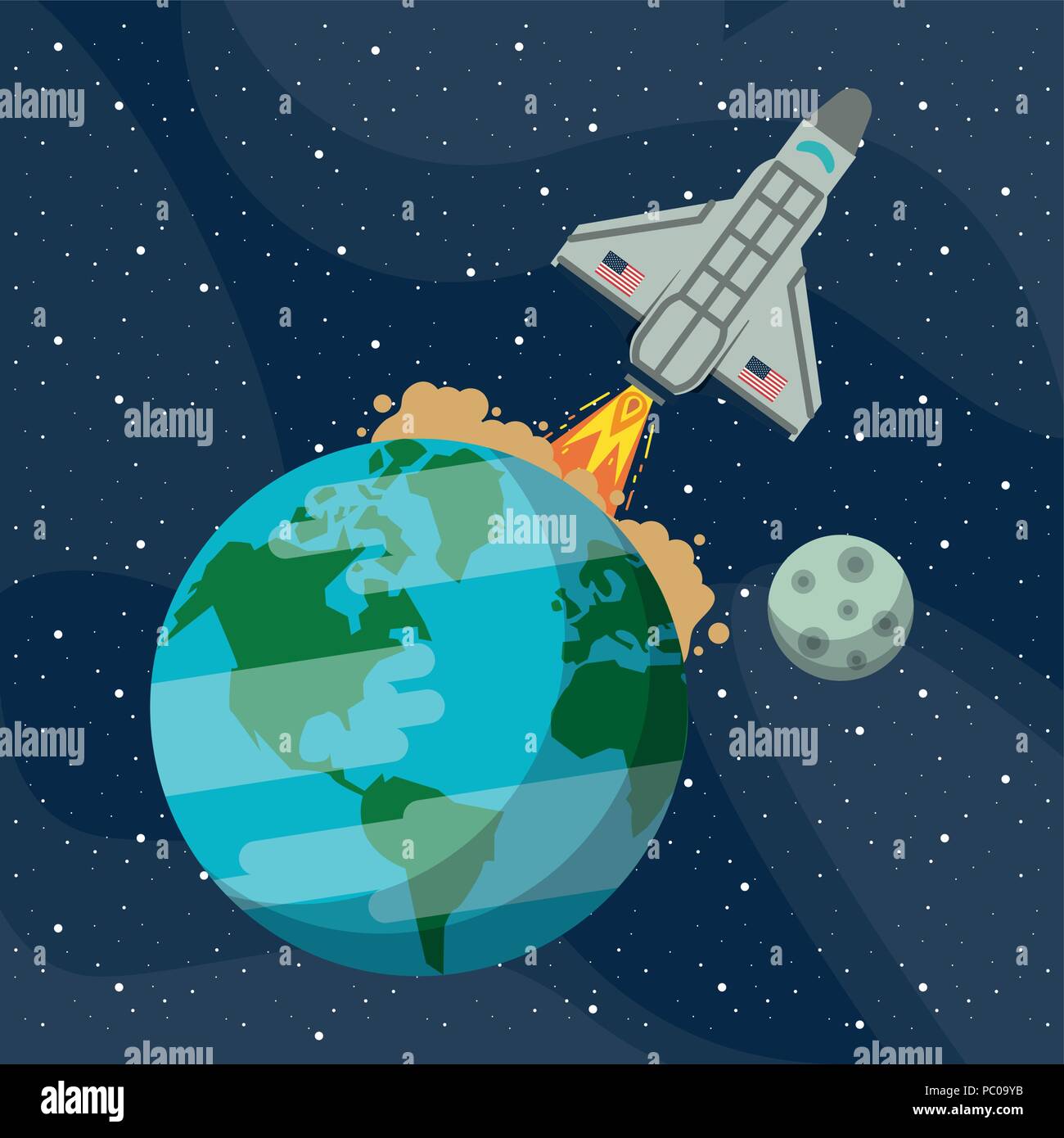 Spaceship taking off from earth at galaxy vector illustration graphic ...