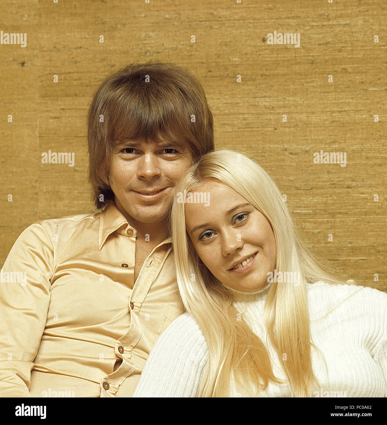 ABBA. Agnetha Fältskog. Singer. Member of the pop group ABBA. Born 1950. Pictured here at home with her fiance Björn Ulvaeus 1970 whom she married on 6 July 1971.  Photo: Kristoffersson Stock Photo