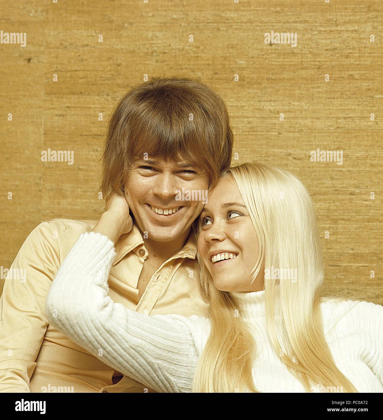 ABBA. Agnetha Fältskog. Singer. Member of the pop group ABBA. Born 1950. Pictured here at home with her fiance Björn Ulvaeus 1970 whom she married on 6 July 1971.  Photo: Kristoffersson Stock Photo