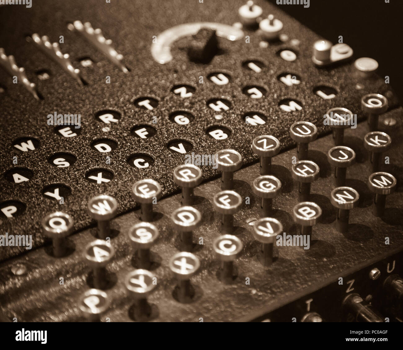 Close up shot of an Enigma machine. Stock Photo