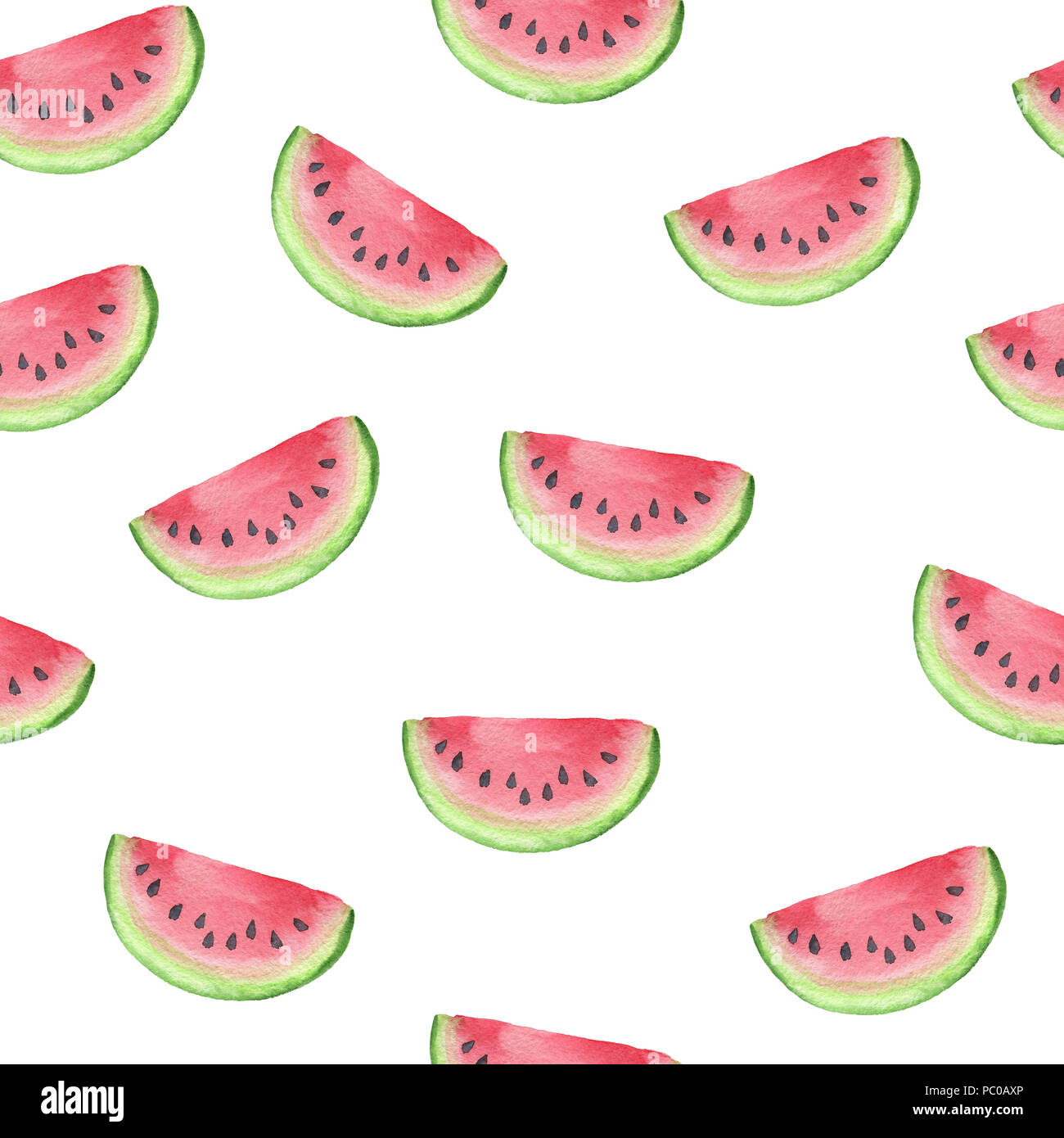 Summer watercolor seamless pattern with slices of red ripe watermelon ...