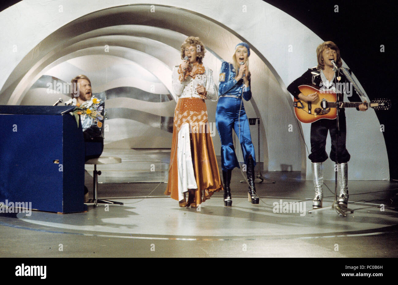 ABBA. Anni-Frid Lyngstad, Benny Andersson, Agnetha Fältskog and Björn  Ulvaeus performing the song Waterloo in the swedish competetion  Melodifestivalen on 9 February 1974. and won the Eurovision song contest  the same year