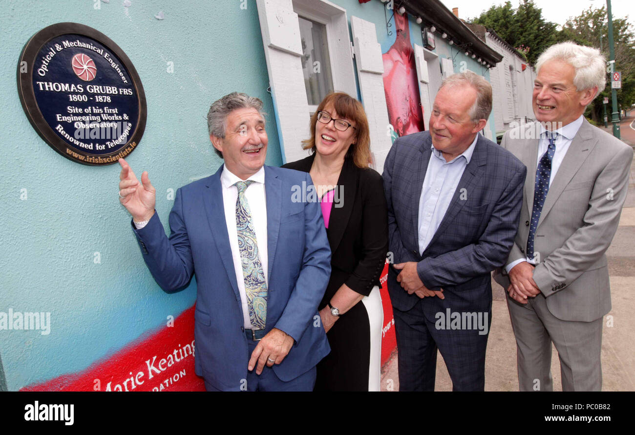 John Halligan TD, Minister of State for Skills, Training, Innovation, Research and Development; Dr Eucharia Meehan, CEO and Registrar of the Dublin Institute for Advanced Studies (DIAS); Tom Parlon, Director General of the Construction Industry Federation (CIF); and Professor Tom Ray, DIAS, at the unveiling of a plaque in Dublin, in praise of Thomas Grubb's contribution to astronomy in Ireland and worldwide. Stock Photo