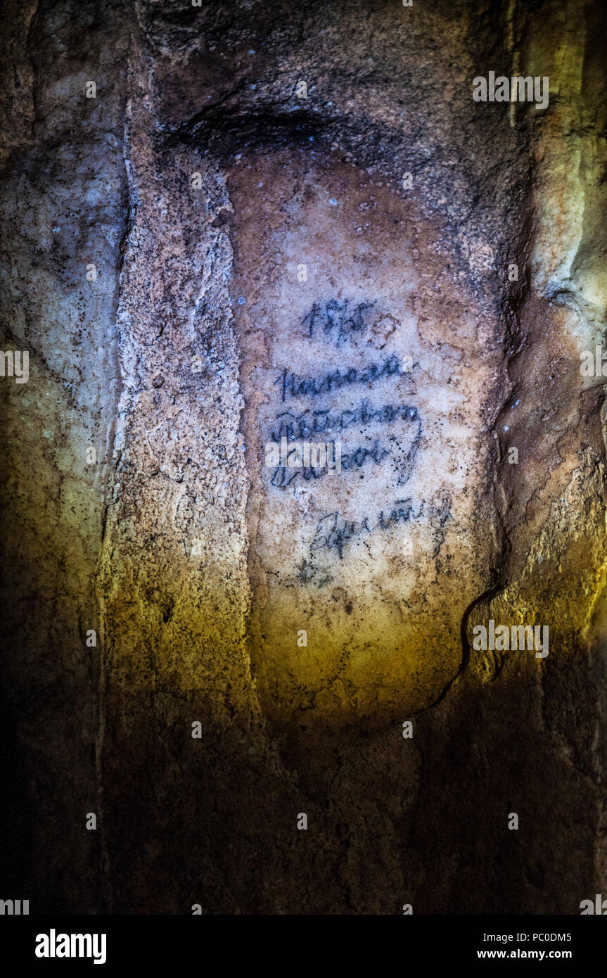 Croatia: signatures of speleologists dating back to the 1800s found on the rock formations in the Caves of Barać, near the village of Nova Kršlja Stock Photo