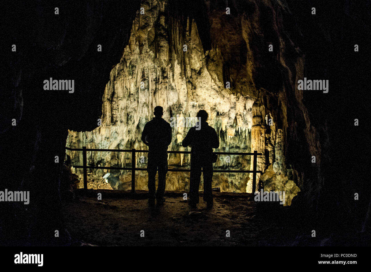 Croatia, Plitvice, Europe: shadows of two men inside the Caves of Barać (Baraćeve špilje), first recorded in 1699, near the village of Nova Kršlja Stock Photo