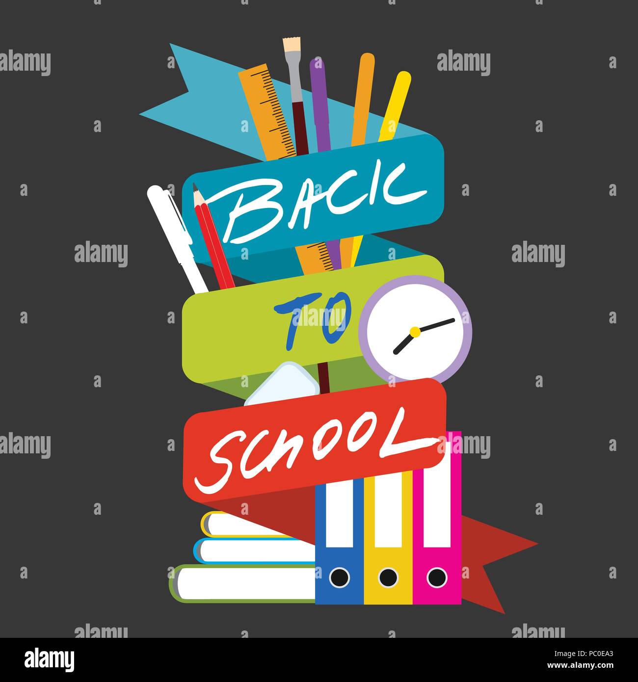 Set of school equipment with pencil, pen and ruler on a book with files and with the inscription Back to school on ribbon - vector, isolated on blackb Stock Vector