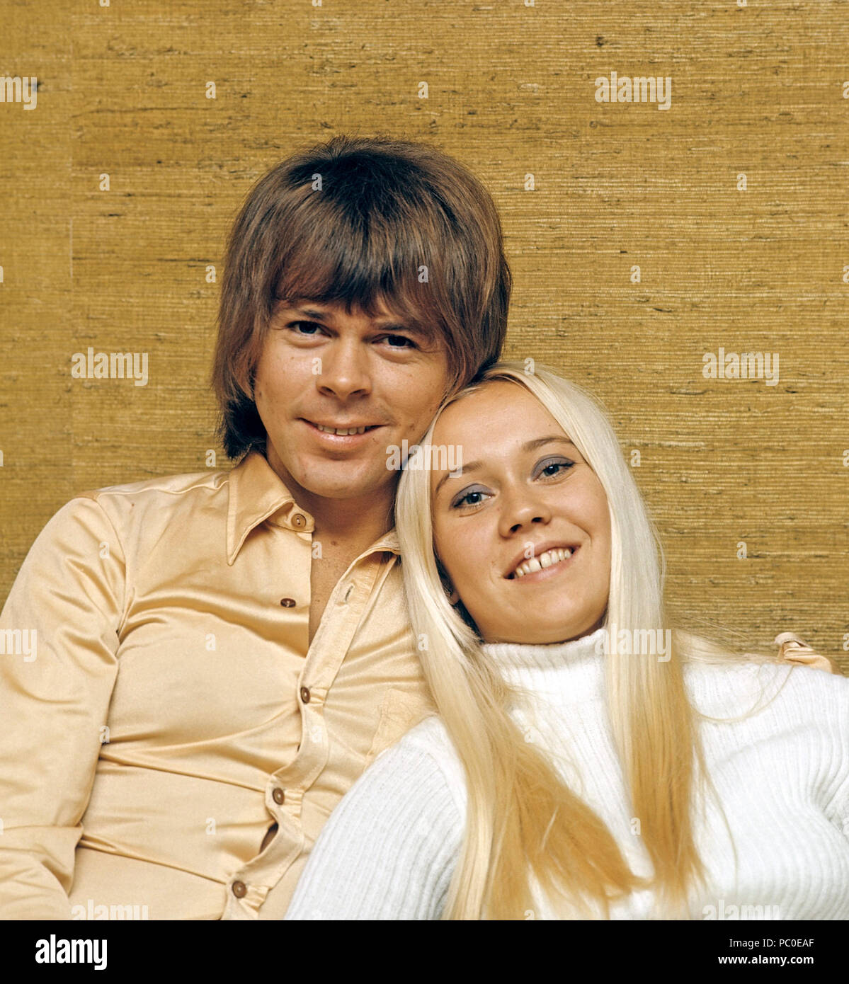 Agnetha Fältskog. Singer. Member of the pop group ABBA. Born 1950. Pictured here at home with her fiance Björn Ulvaeus 1970 whom she married on 6 July 1971.  Photo: Kristoffersson Stock Photo