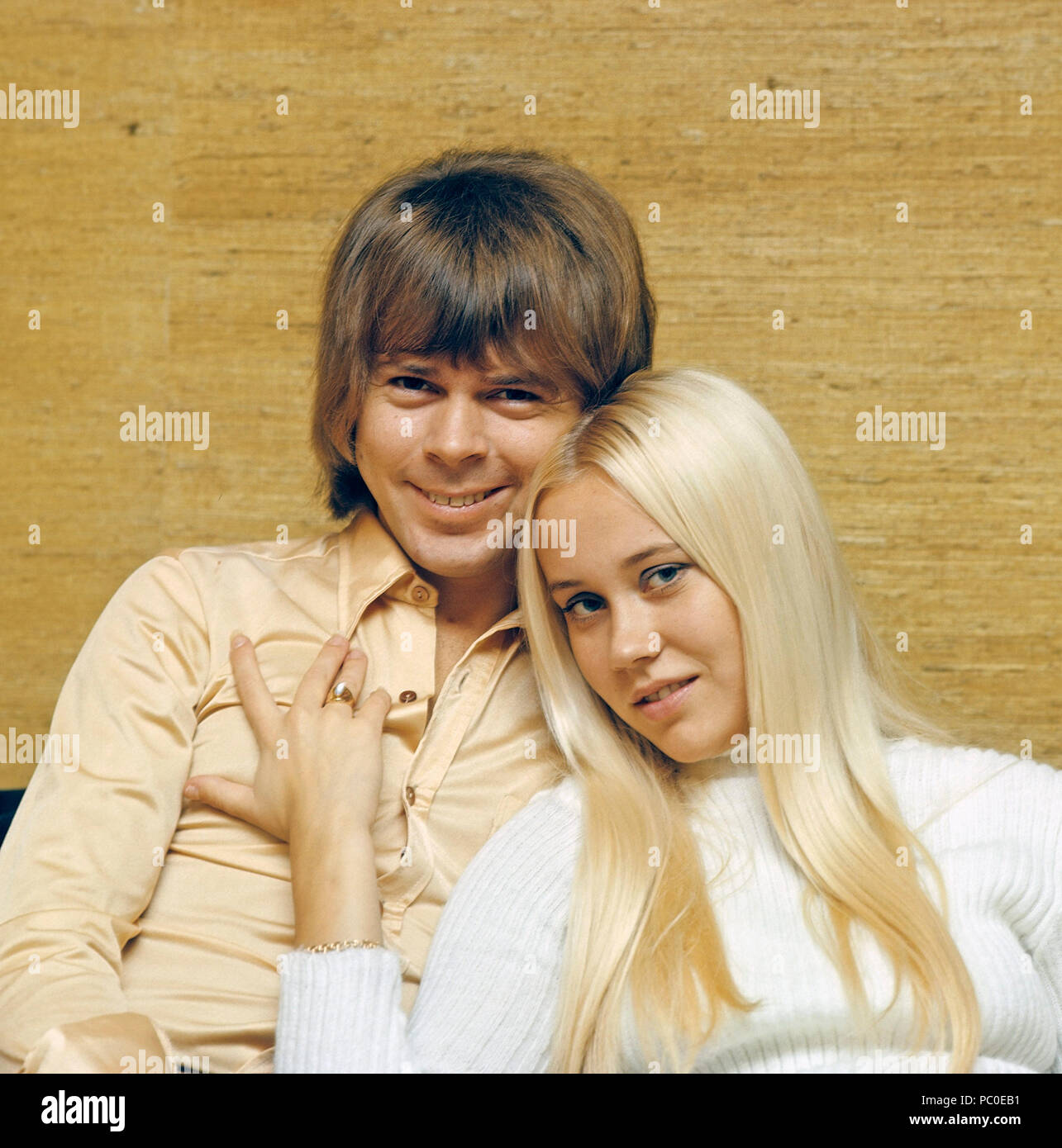 Agnetha Fältskog. Singer. Member of the pop group ABBA. Born 1950. Pictured here at home with her fiance Björn Ulvaeus 1970 whom she married on 6 July 1971.  Photo: Kristoffersson Stock Photo