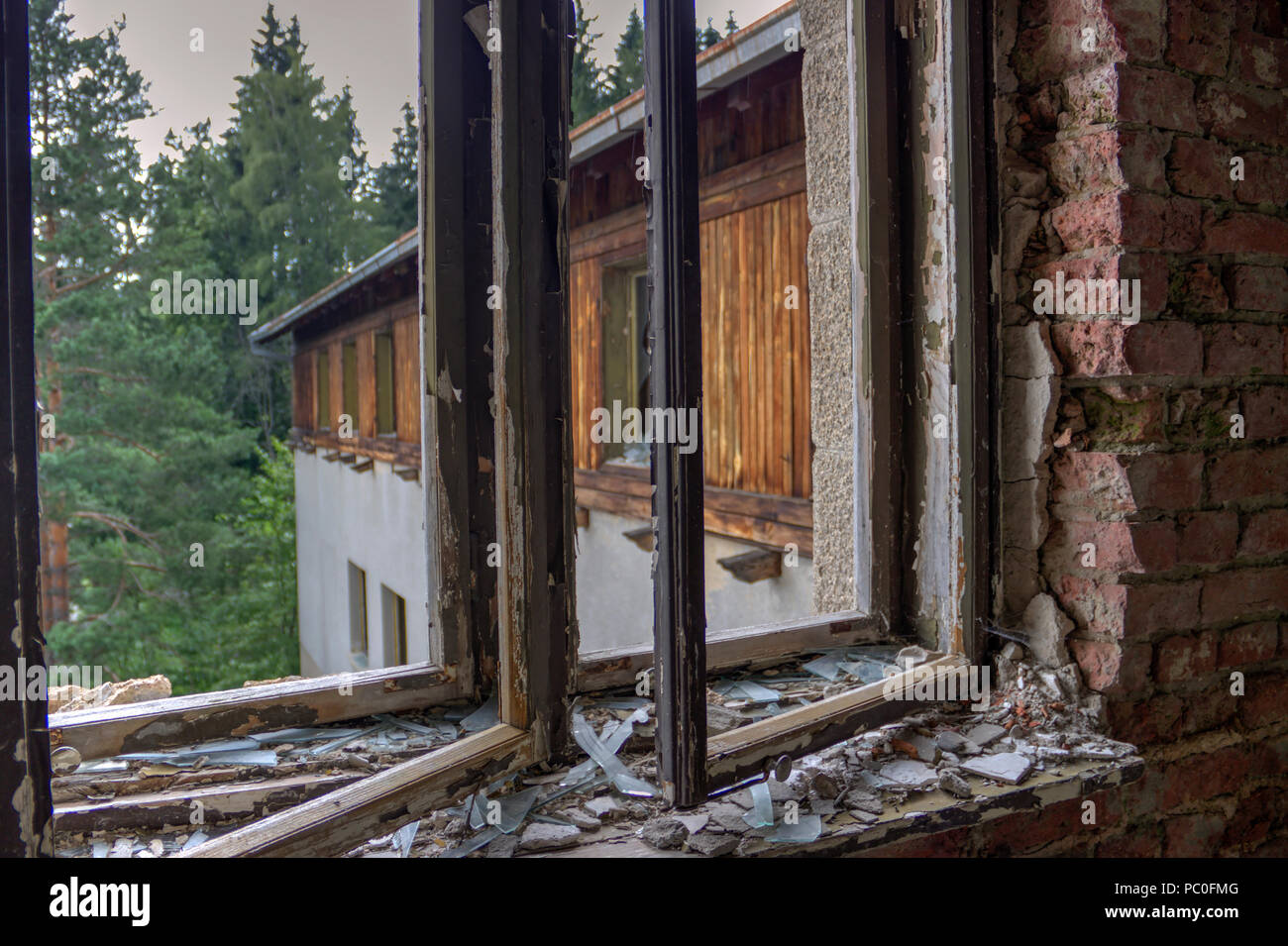 TARA National Park, Western Serbia, July 2018 - Interior of abandoned and decaying Hotel Tara from 1935 Stock Photo