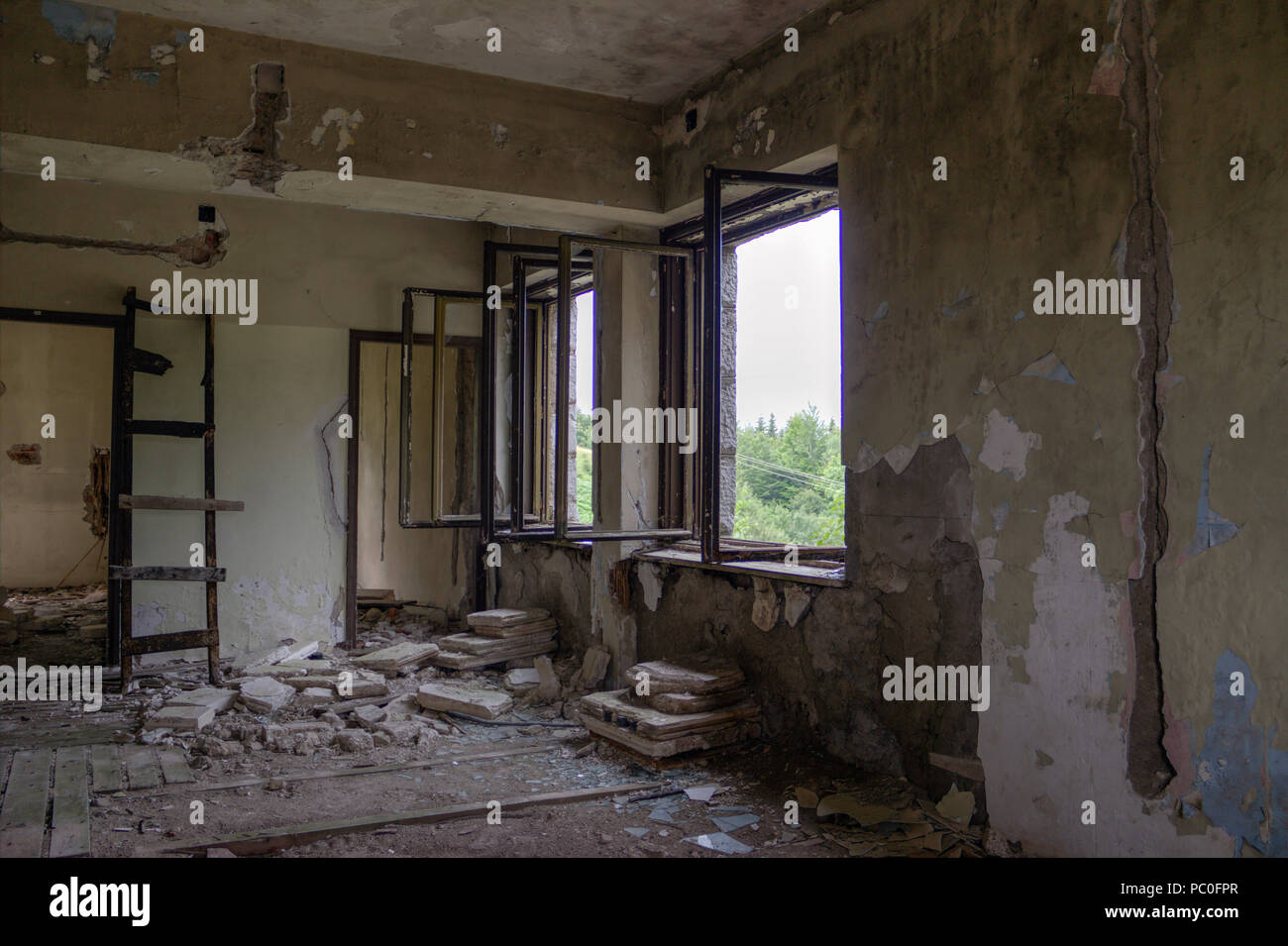 TARA National Park, Western Serbia, July 2018 - Interior of abandoned and decaying Hotel Tara from 1935 Stock Photo