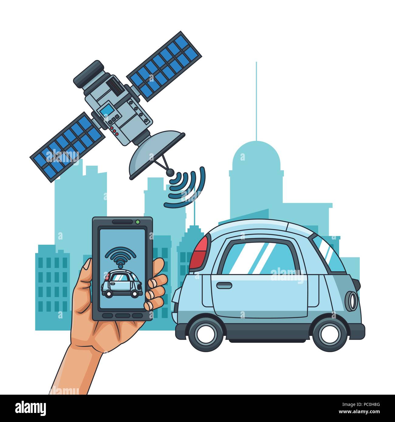 Satellite tracking a car at city from smartphone vector illustration