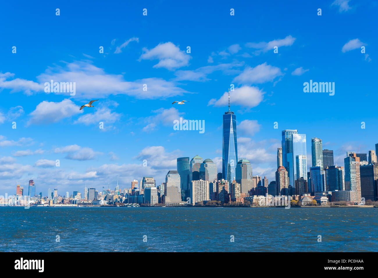 Panorama of Lower Manhattan New York City skyline from Hudson River ...