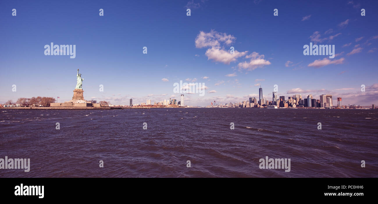 Panorama View of Statue of Liberty at New York City with Manhattan