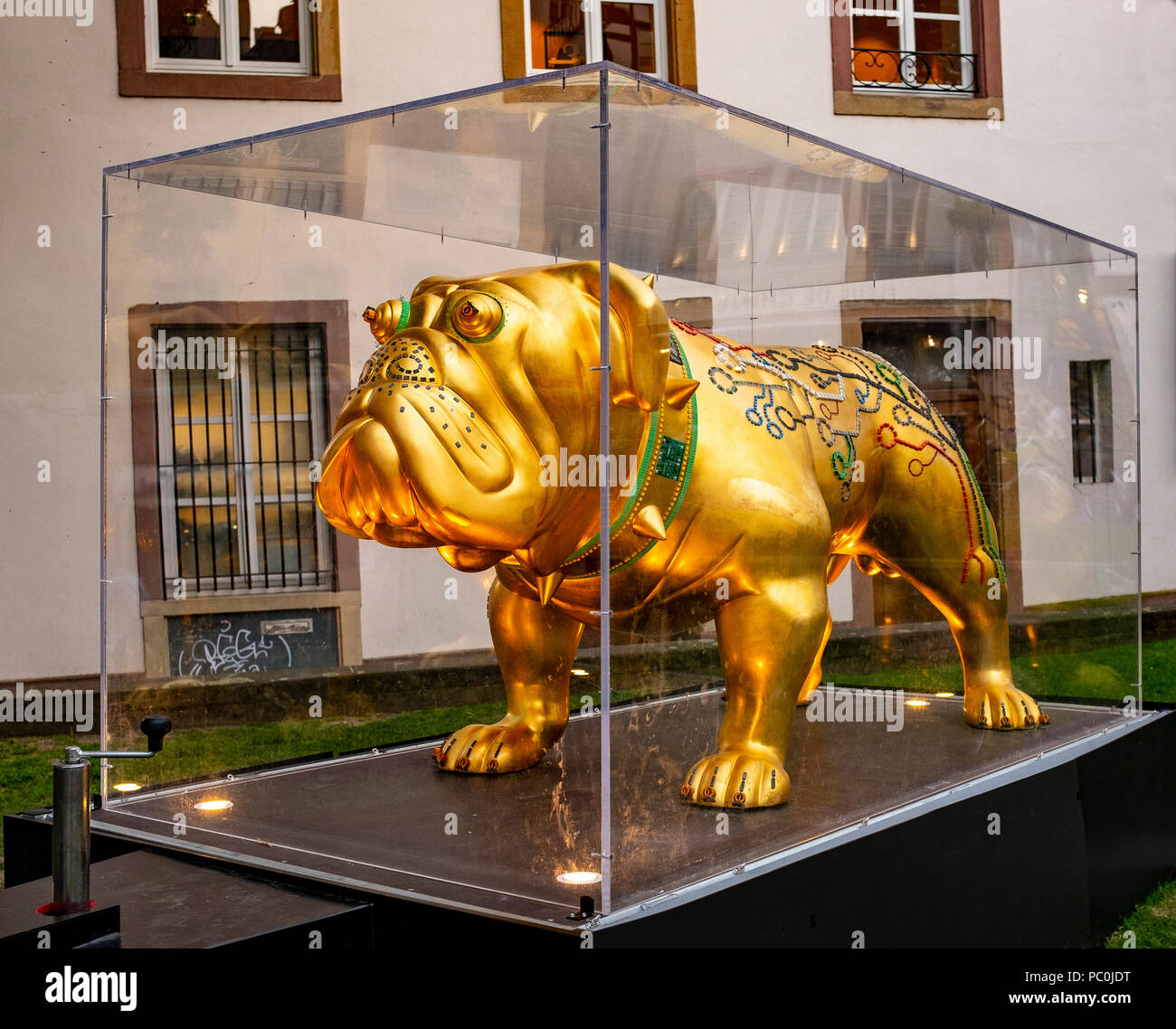 Hector, English bulldog sculpture gilded with gold leaf, decorated with electronic components, sculptor Renato Montanaro, street display, Strasbourg, Stock Photo