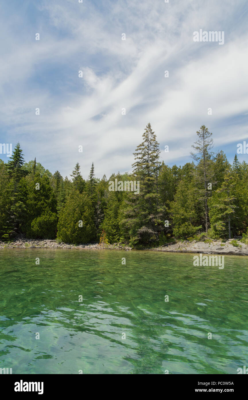 Bright clear aqua green water on Bruce Peninsula. Crystal clear water shows limestone rocks.  Cedar trees and conifers. Stock Photo