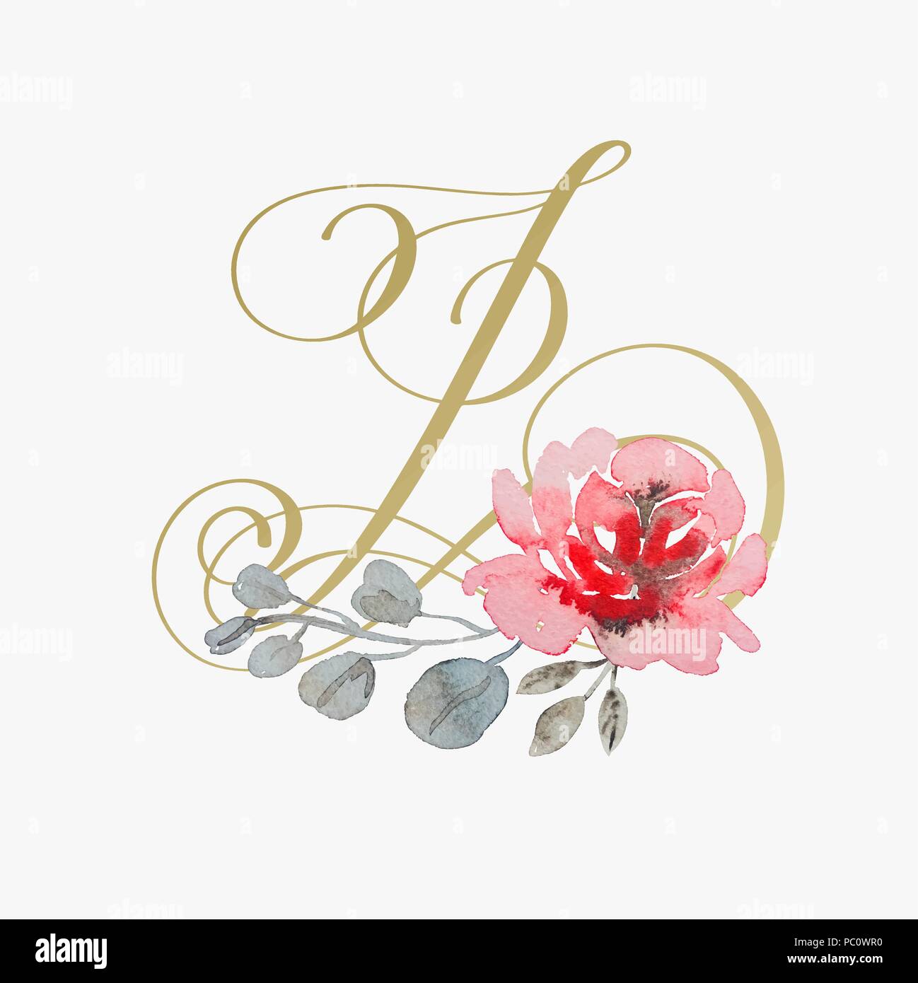golden hand lettering font with handmade rose flower, calligraphy ...