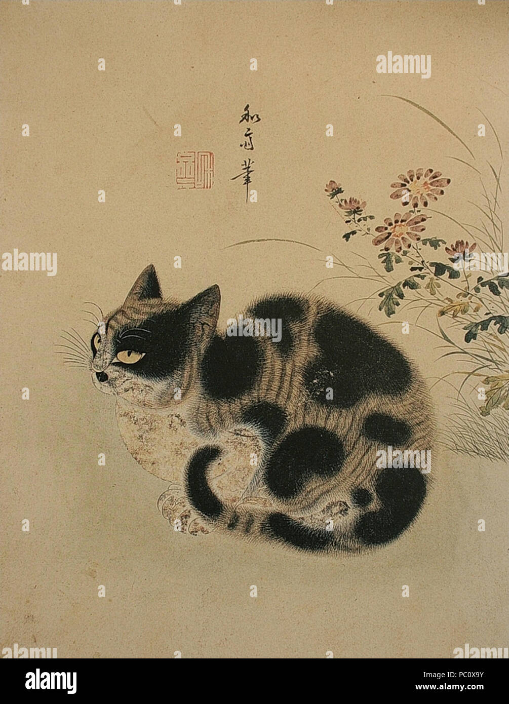 346 Korean art-Byeon Sangbyeok-Gukjeong chumyo-Autumn cat in a garden with chrysanthemum-01 Stock Photo