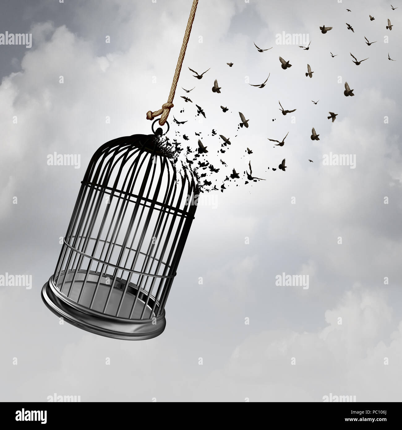 Freedom idea with a birdcage turning into flying birds as a captivity abstract concept with 3D rendering elements. Stock Photo