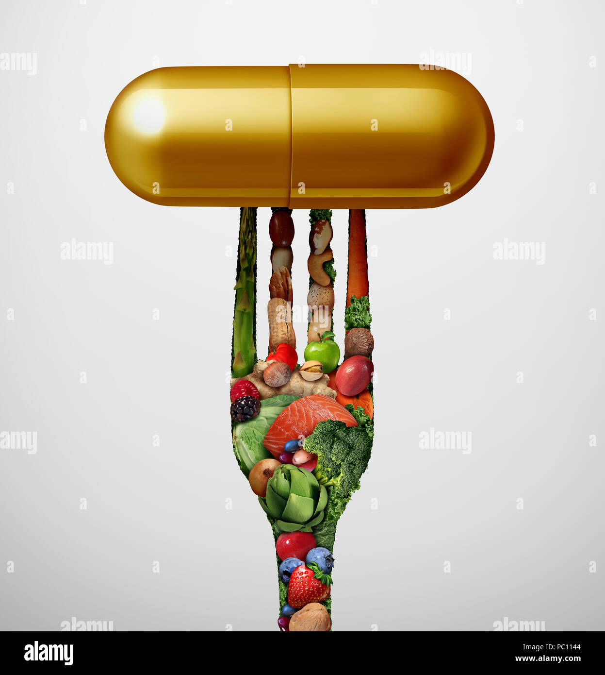 Food Vitamin supplement as a capsule with a fork shaped with fruit vegetables nuts and nutrient pill for natural medicine health treatment w Stock Photo
