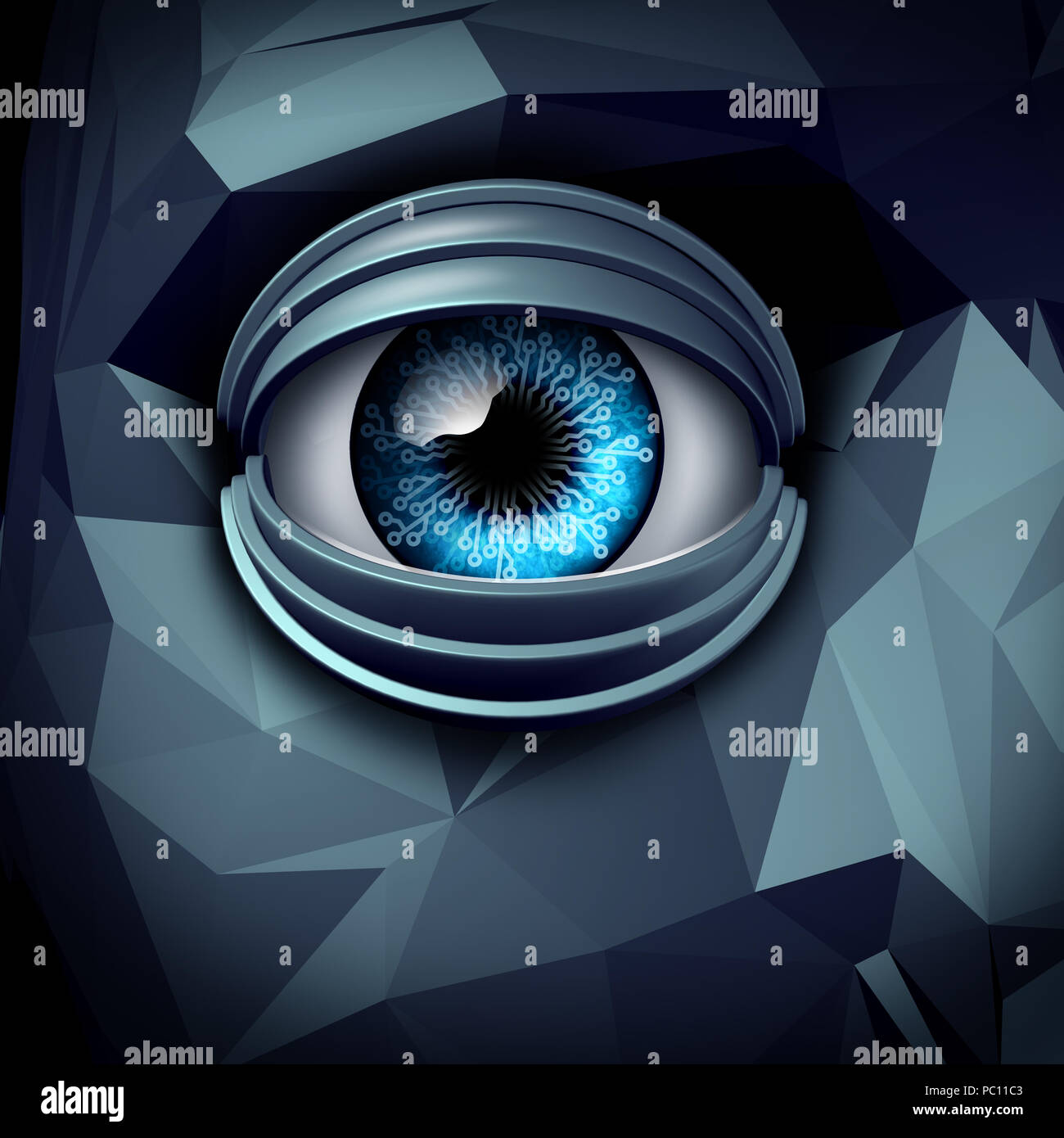 artificial intelligence and Ai robot or cyborg technology as an android eye close up high tech computing concept as a 3D render Stock Photo
