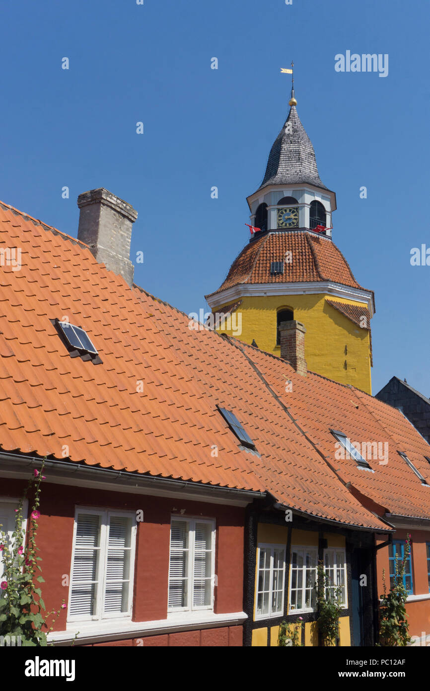 Historic tower and buildings in the town of Faaborg in Denmark Stock Photo