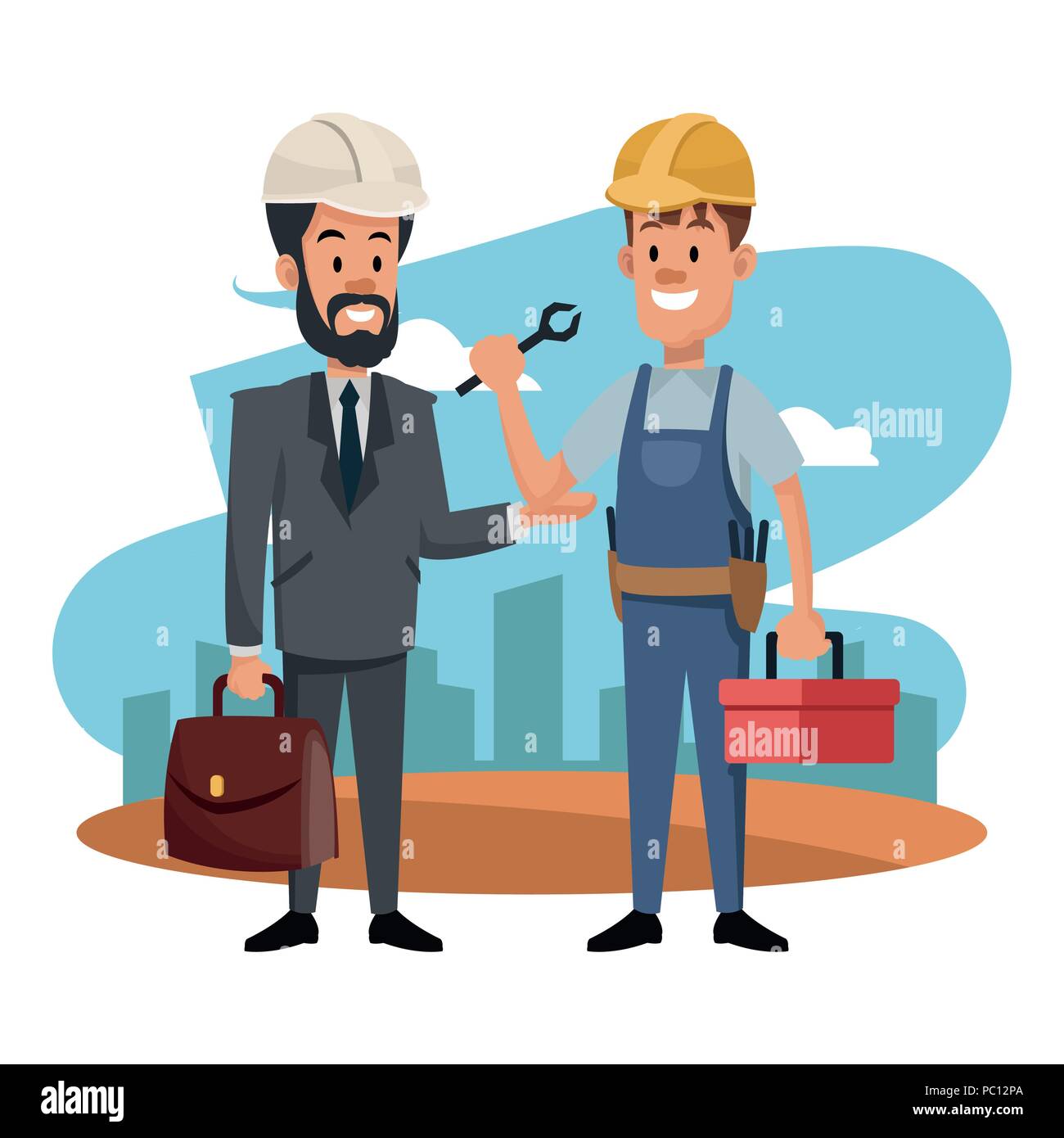 Worker and architect at construction zone vector illustration graphic ...
