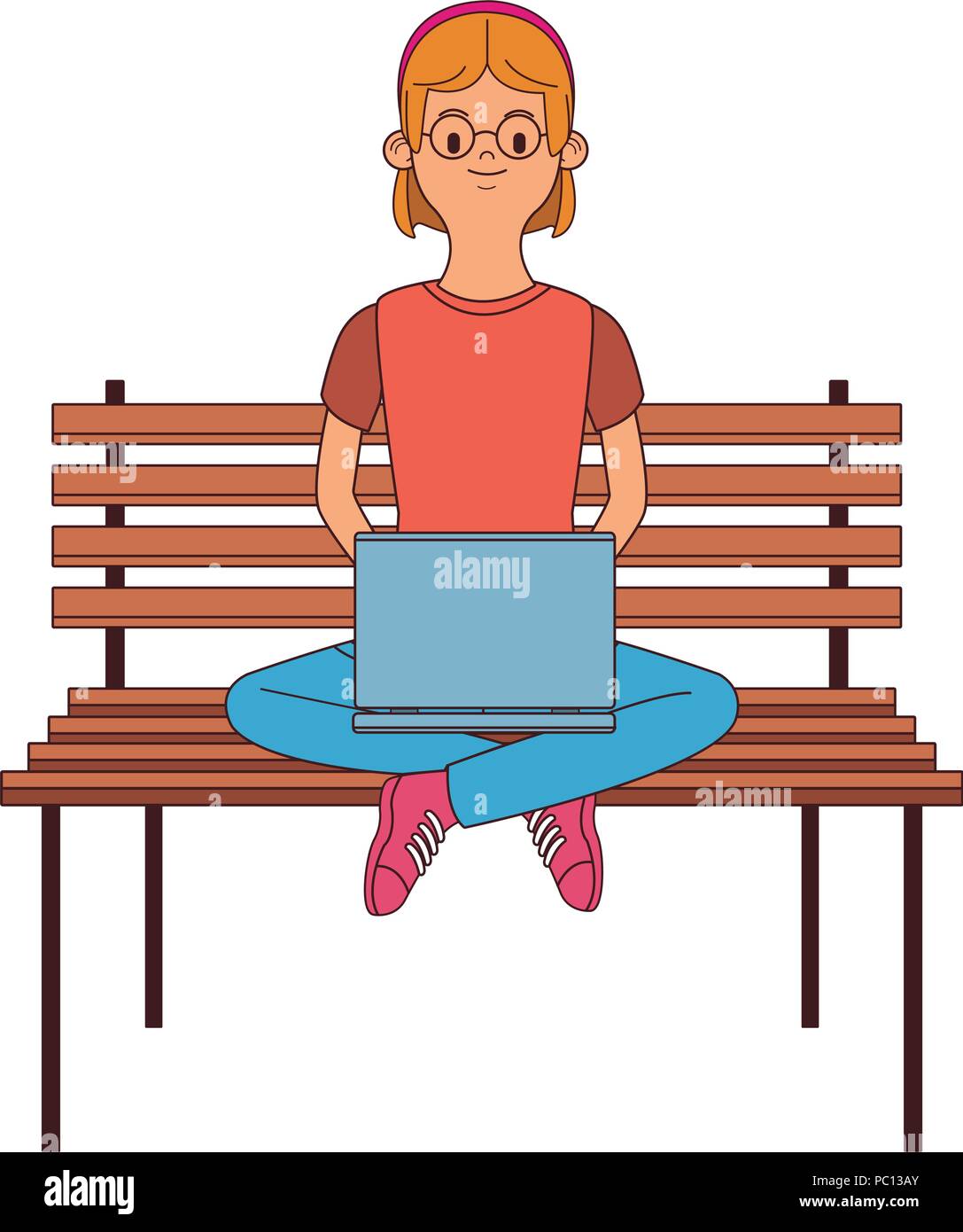 Young woman seated on chair using laptop vector illustration graphic ...