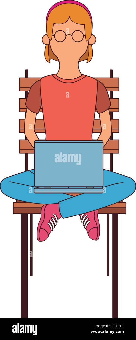 Young woman seated on chair using laptop vector illustration graphic ...