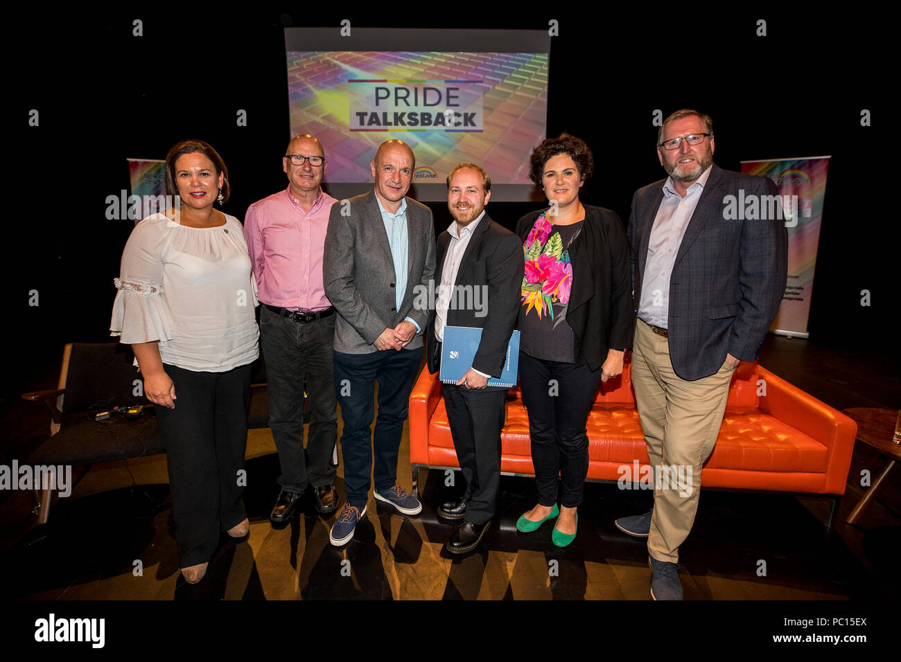 (left to right) Sinn Fein President Mary Lou McDonald, leader of the PUP Billy Hutchinson, Alliance MLA John Blair, Green Party NI leader Steven Agnew, SDLP MLA Claire Hanna, and UUP MLA Doug Beatie pose after the Belfast Pride political debate at The Mac Theatre in Belfast to address a wide range of equality issues in Northern Ireland at part of the 2018 Belfast Pride Festival. Stock Photo