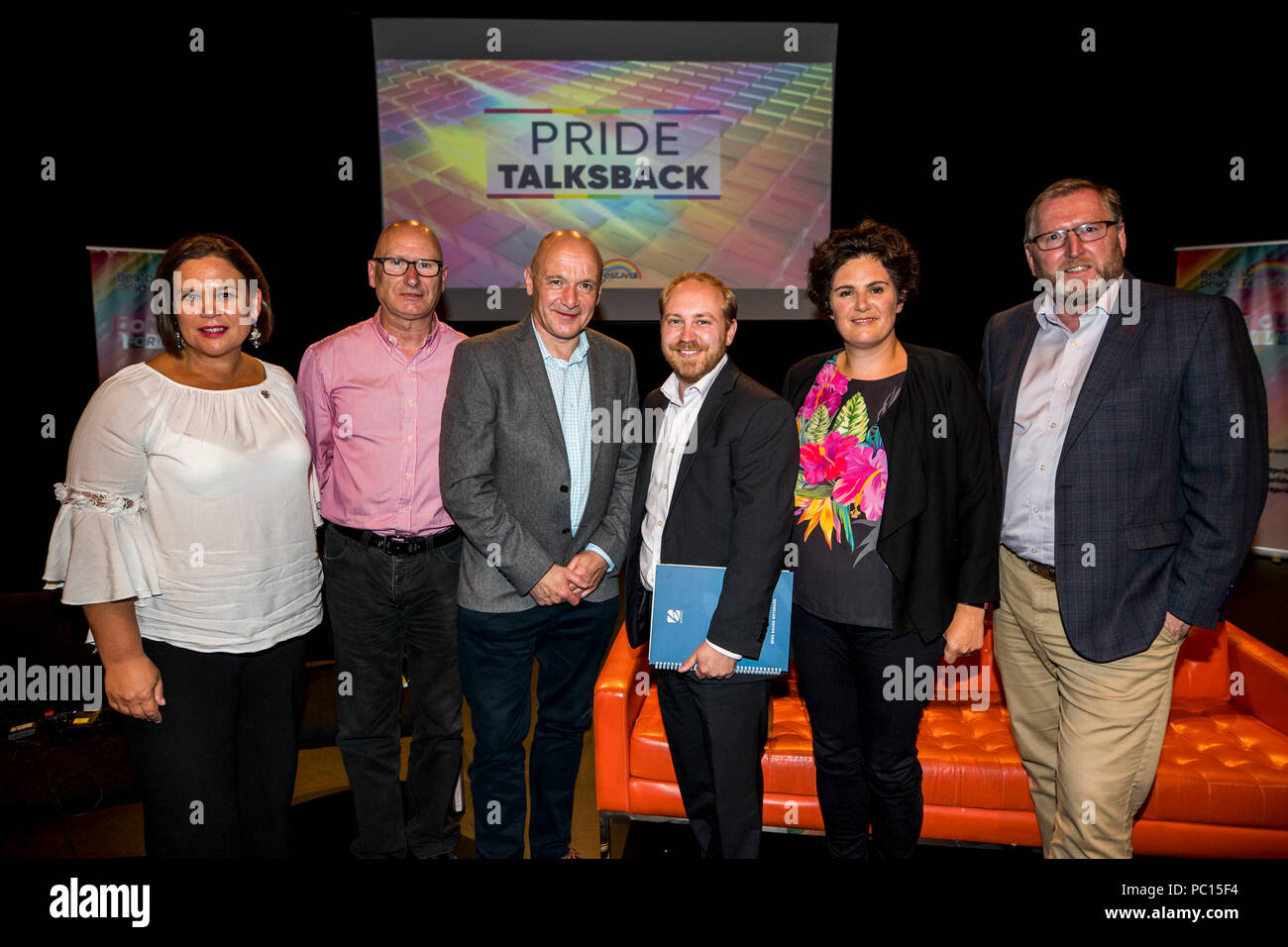 (left to right) Sinn Fein President Mary Lou McDonald, leader of the PUP Billy Hutchinson, Alliance MLA John Blair, Green Party NI leader Steven Agnew, SDLP MLA Claire Hanna, and UUP MLA Doug Beatie pose after the Belfast Pride political debate at The Mac Theatre in Belfast to address a wide range of equality issues in Northern Ireland at part of the 2018 Belfast Pride Festival. Stock Photo