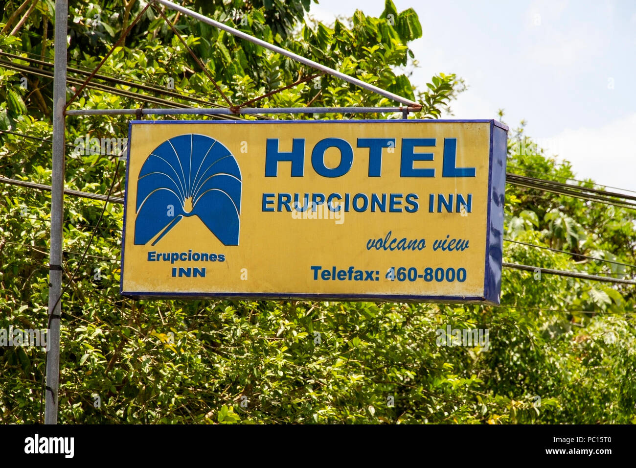 Hotel Eruptions Inn sign near Arenal volcano, Costa Rica Stock Photo Alamy