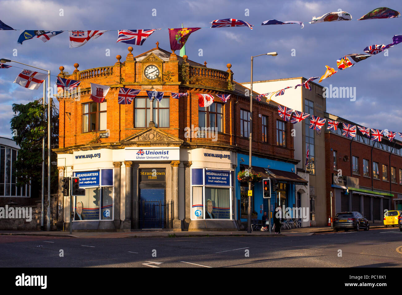 29 July 2018 The Ulster Unionist Northern Ireland political headquarters on the Belmont Road Belfast Northern Ireland in late evening sunlight Stock Photo