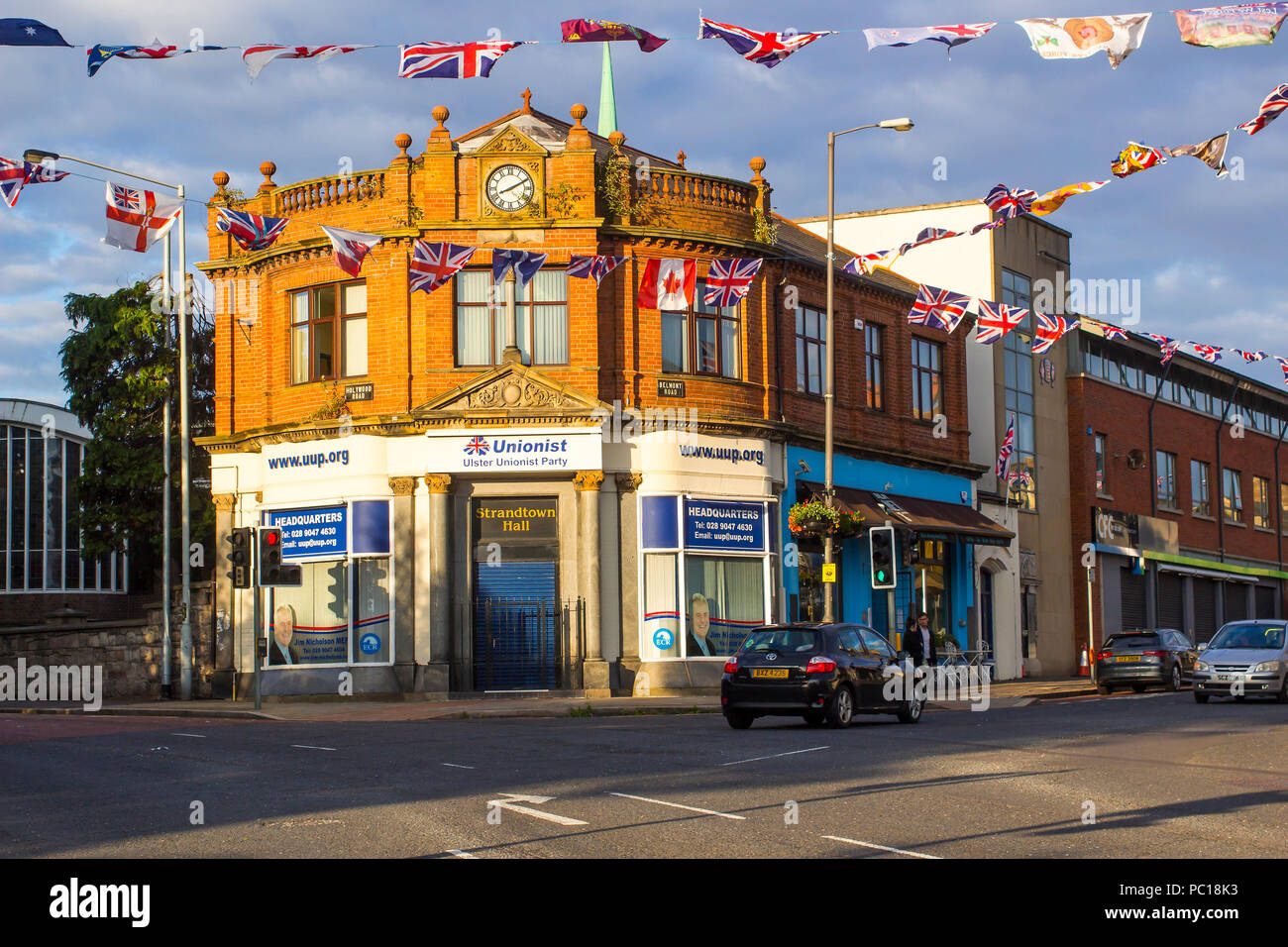 29 July 2018 The Ulster Unionist Northern Ireland political headquarters on the Belmont Road Belfast Northern Ireland in late evening sunlight Stock Photo