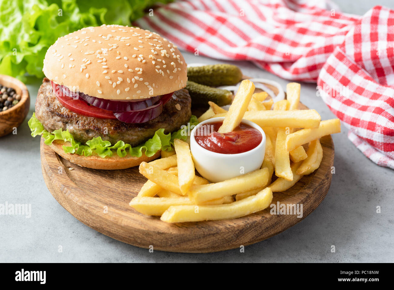 Hamburger, french fries and ketchup. Fast food concept Stock Photo