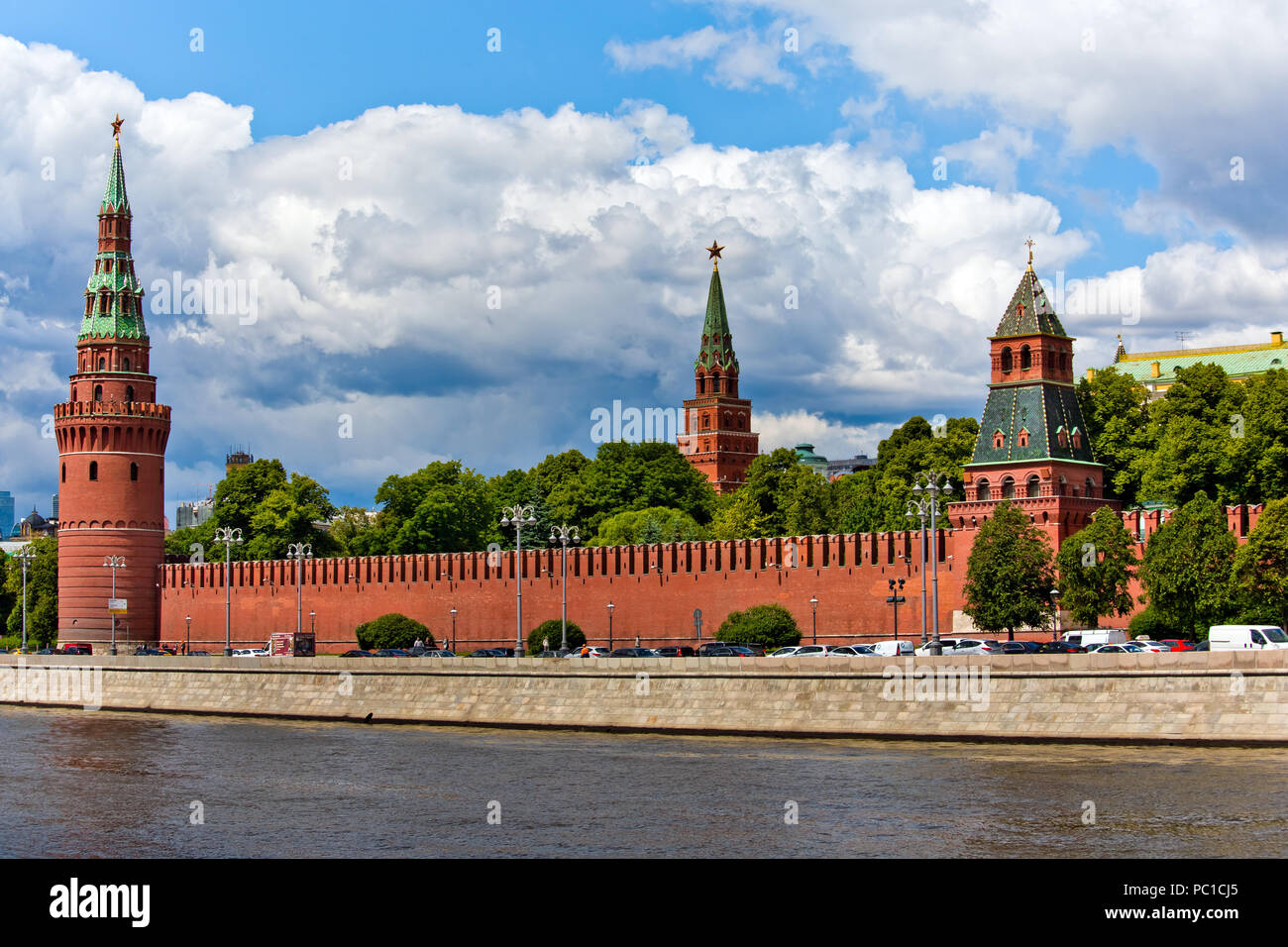 Moscow, Russia - June, 2018: Moscow city view with red Kremlin towers and wall Stock Photo