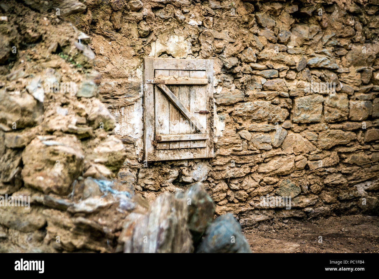Very Old Stone Walls With Interesting Vintage Wooden Window Stock Photo ...