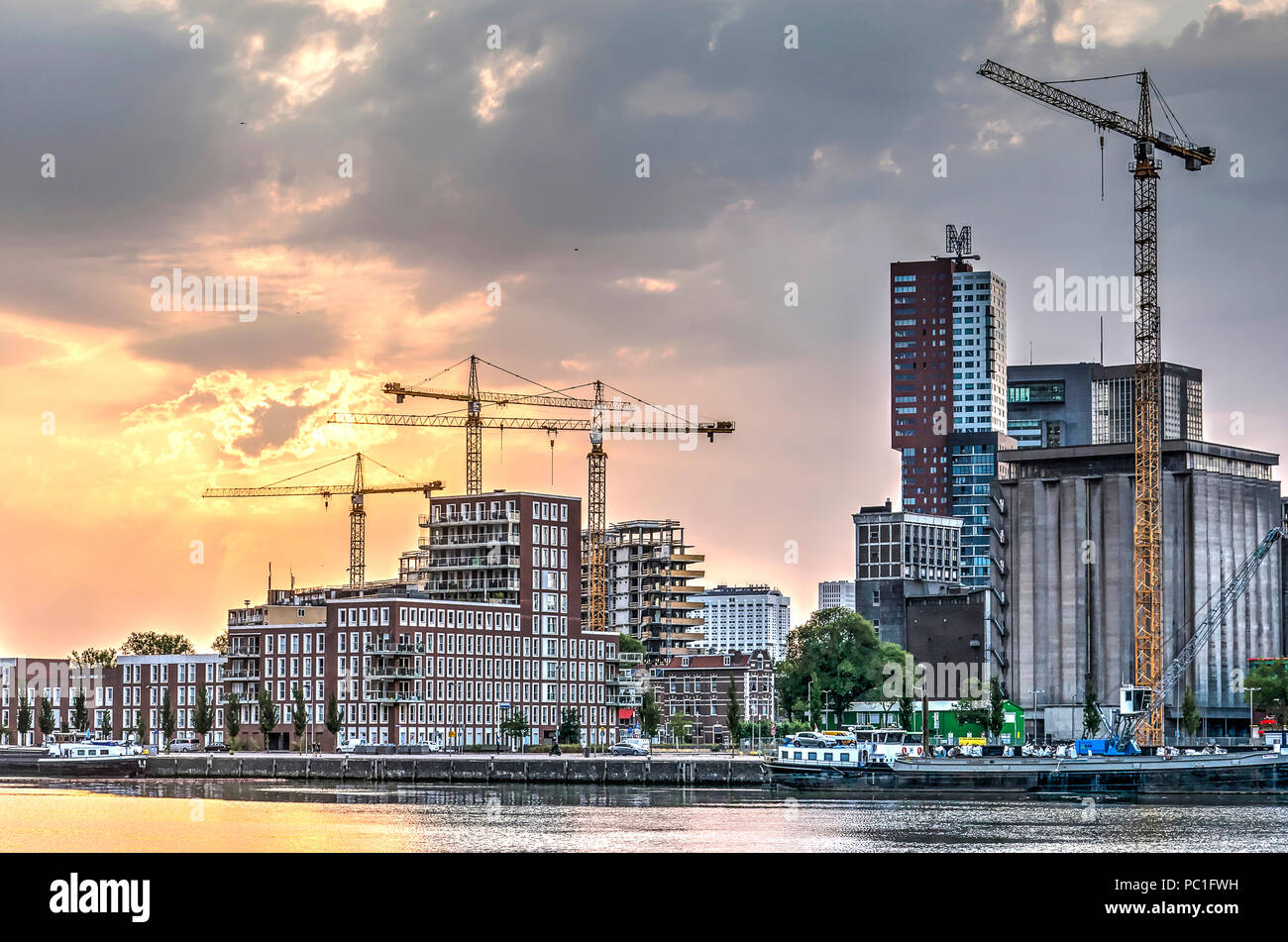 Rotterdam, The Netherlands, July 16, 2018: several construction cranes are transforming the neighbourhood of Katendrecht Stock Photo
