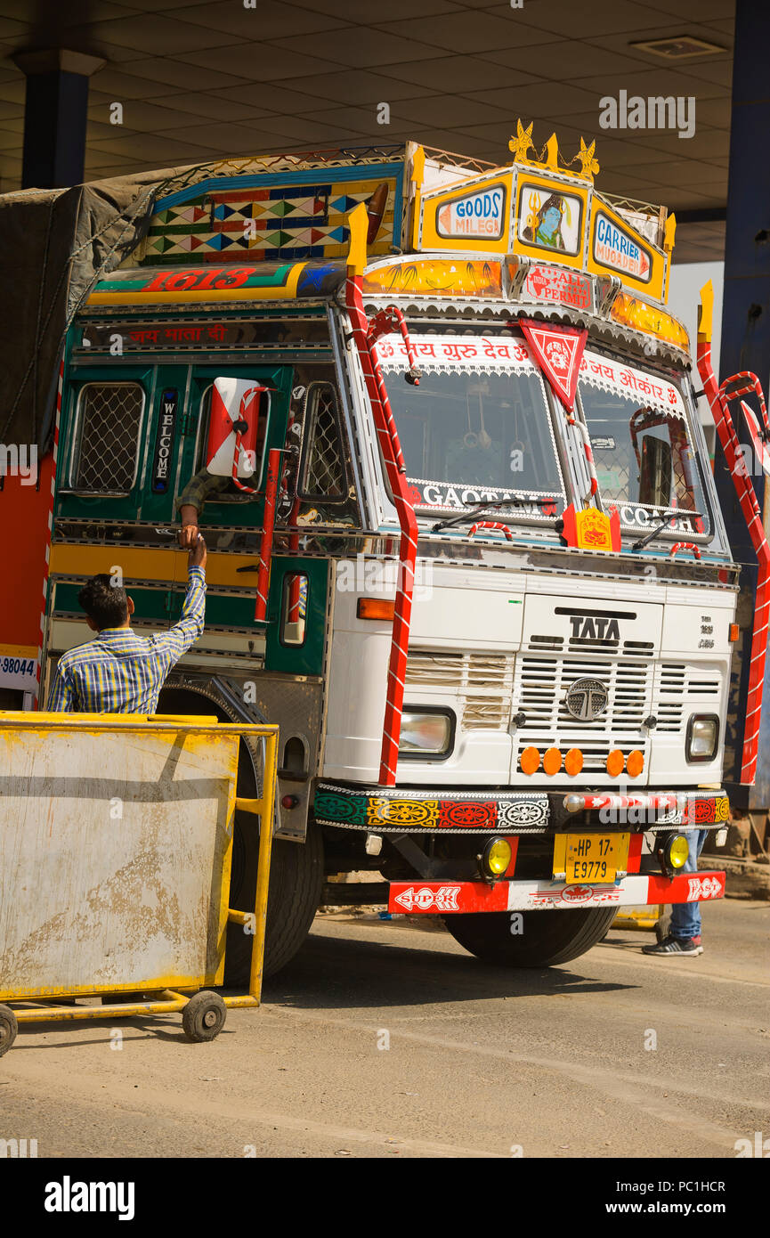 Traditional indian Tata truck on the road near New Delhi, India Stock