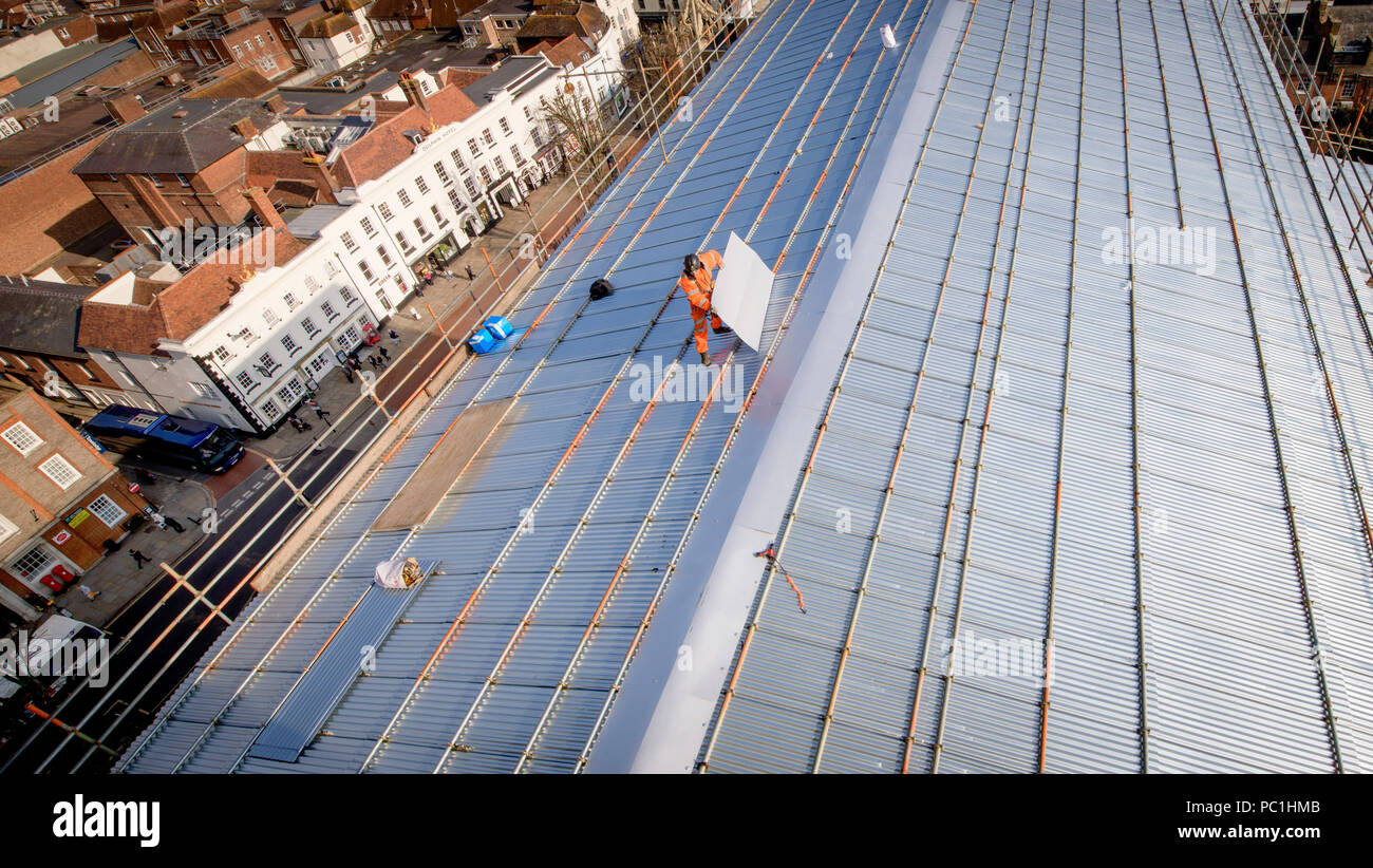 Chichester Cathedral in West Sussex photographed early 2018 at the beginning of the roof restoration Stock Photo