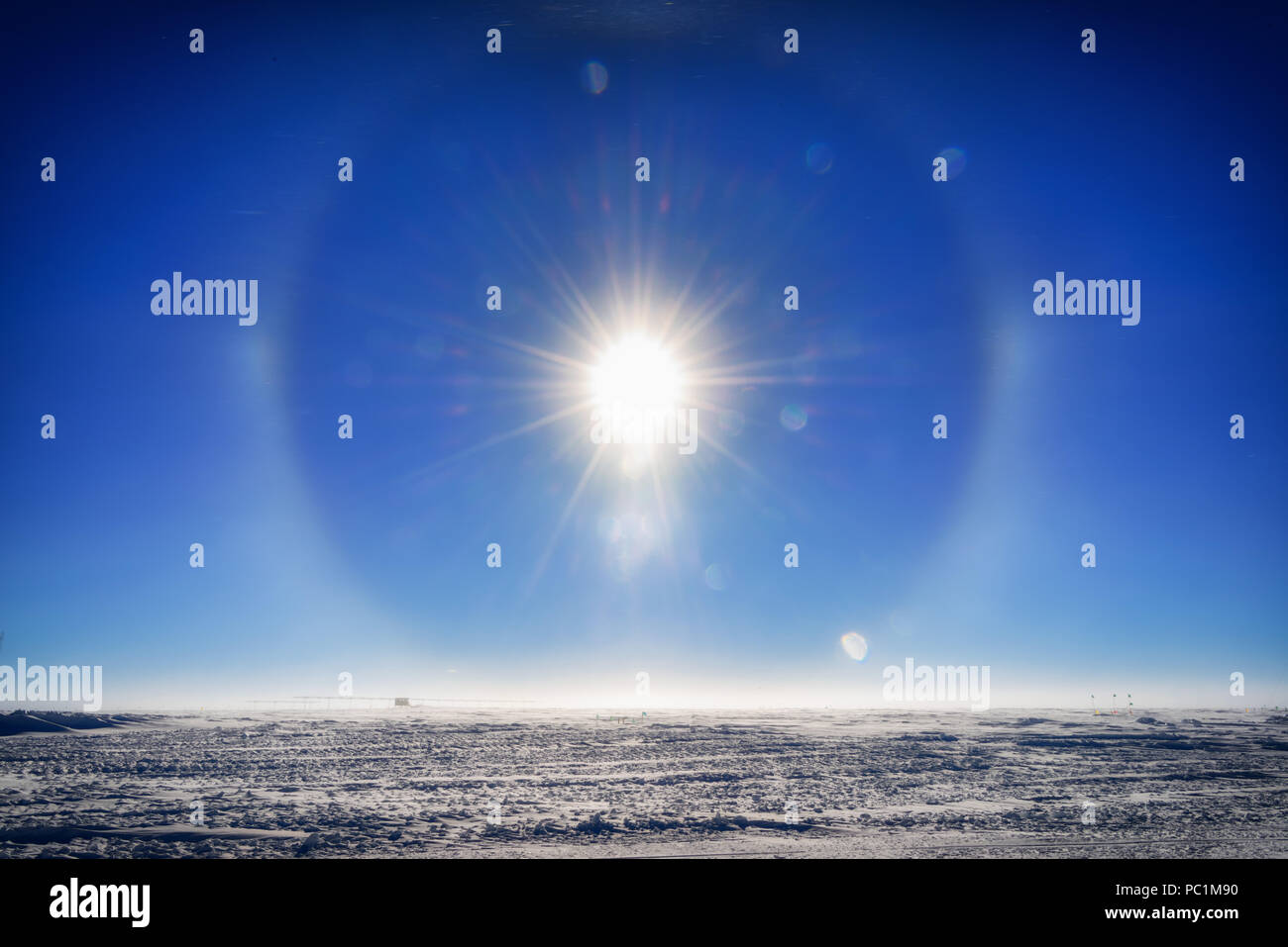 This is a sun dog captured at the South Pole station in Antarctica. Stock Photo