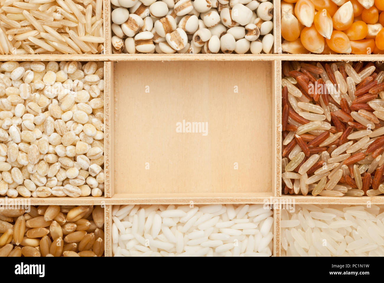 Closeup of different types of grains with copy space Stock Photo