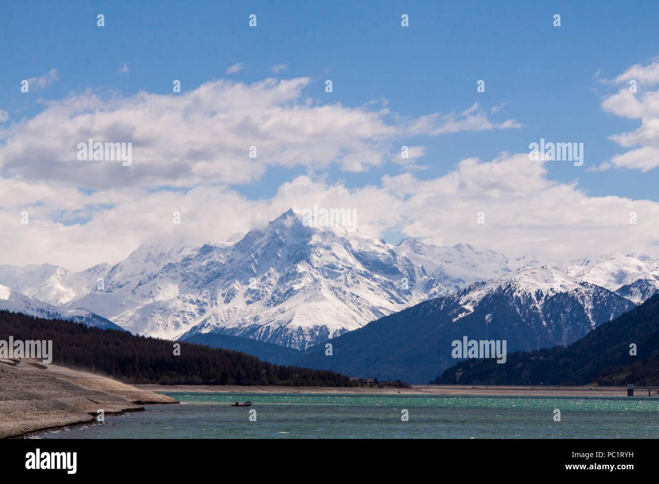 Lago Di Resia in front of Ortles Glacier, Italy, Europe Stock Photo