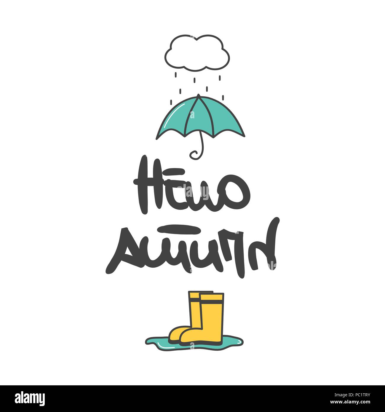 cute hand drawn lettering hello autumn calligraphy vector card with ...