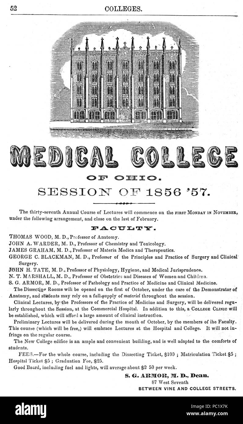 OHIO MEDICAL COLLEGE 1856/7 prospectus Stock Photo