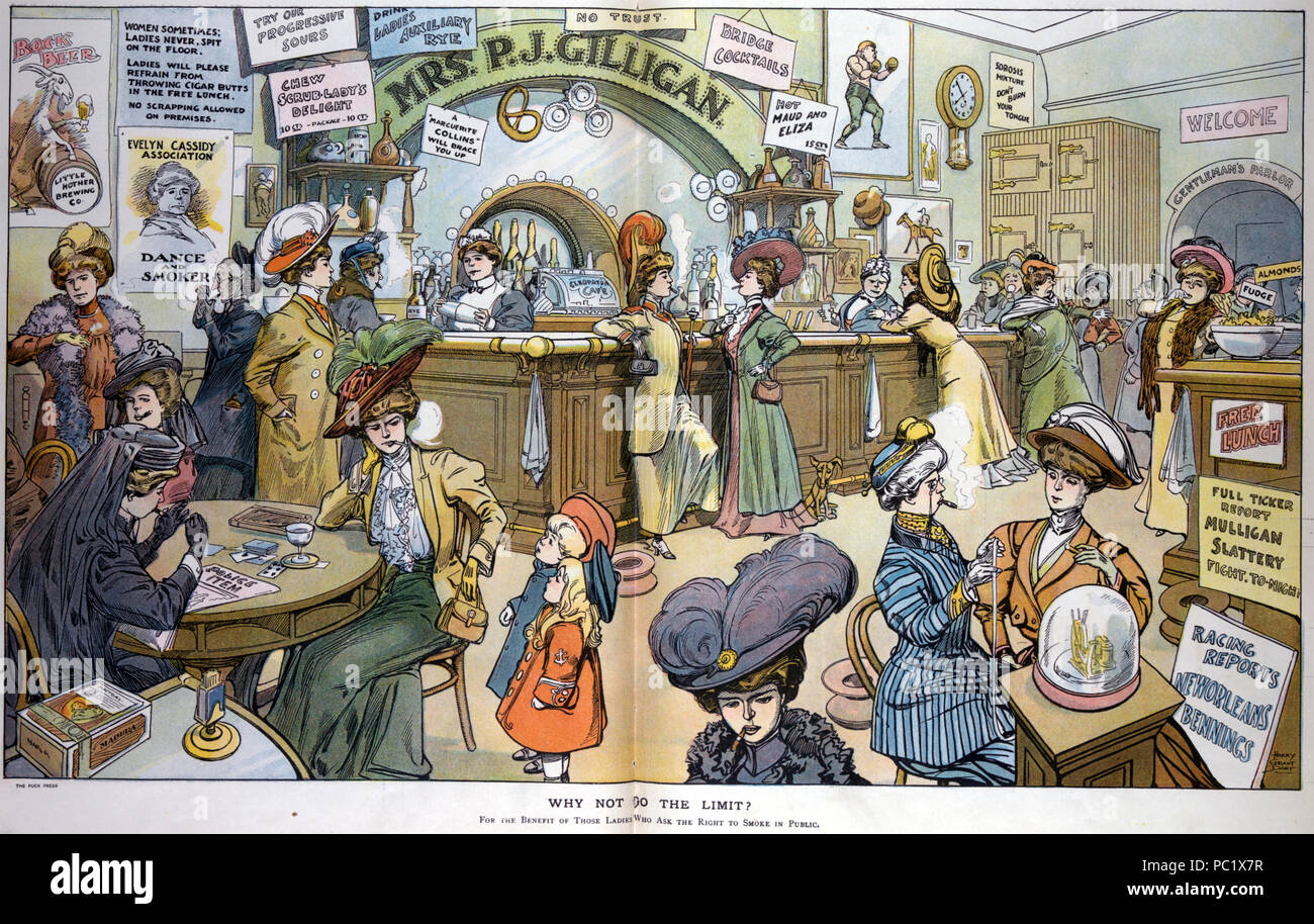 WHY NOT GO THE LIMIT  Womens' rights centrefold cartoon in the American satirical  magazine Puck dated 18 March 1908 Stock Photo